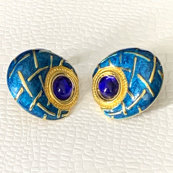RARE - Signed Two Sisters Clip on Earrings.Gold plated.Blue Cabochons,Enamel. - Picture 3 of 12
